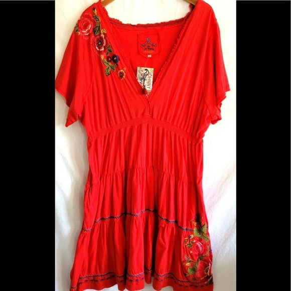 Johnny Was Red Dress Plus 3X Beautiful Embroidery Sexy Midi Dress EUC - Picture 5 of 12